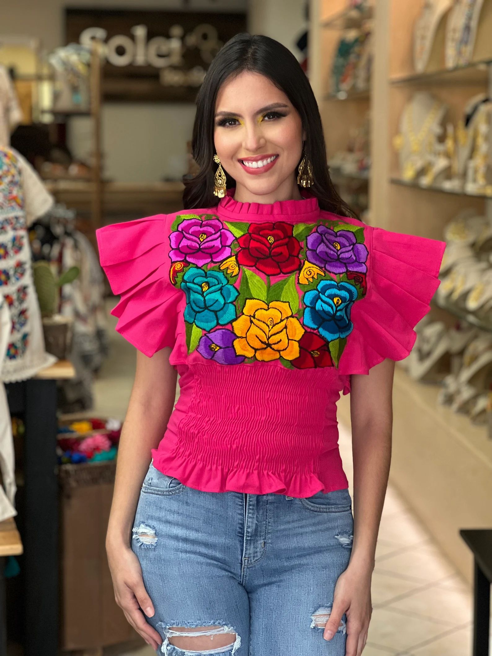 Floral Embroidered Butterfly Sleeve Top. Mexican Embroidered Floral Top. Mexican Artisanal Blouse... | Etsy (US)