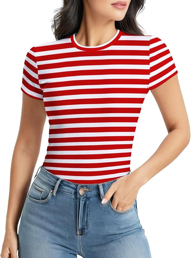 Striped Shirt Women Short Sleeve, Crewneck T-Shirts for Woman Stripes, Fitted Ribbed Tee Stretchy | Amazon (US)