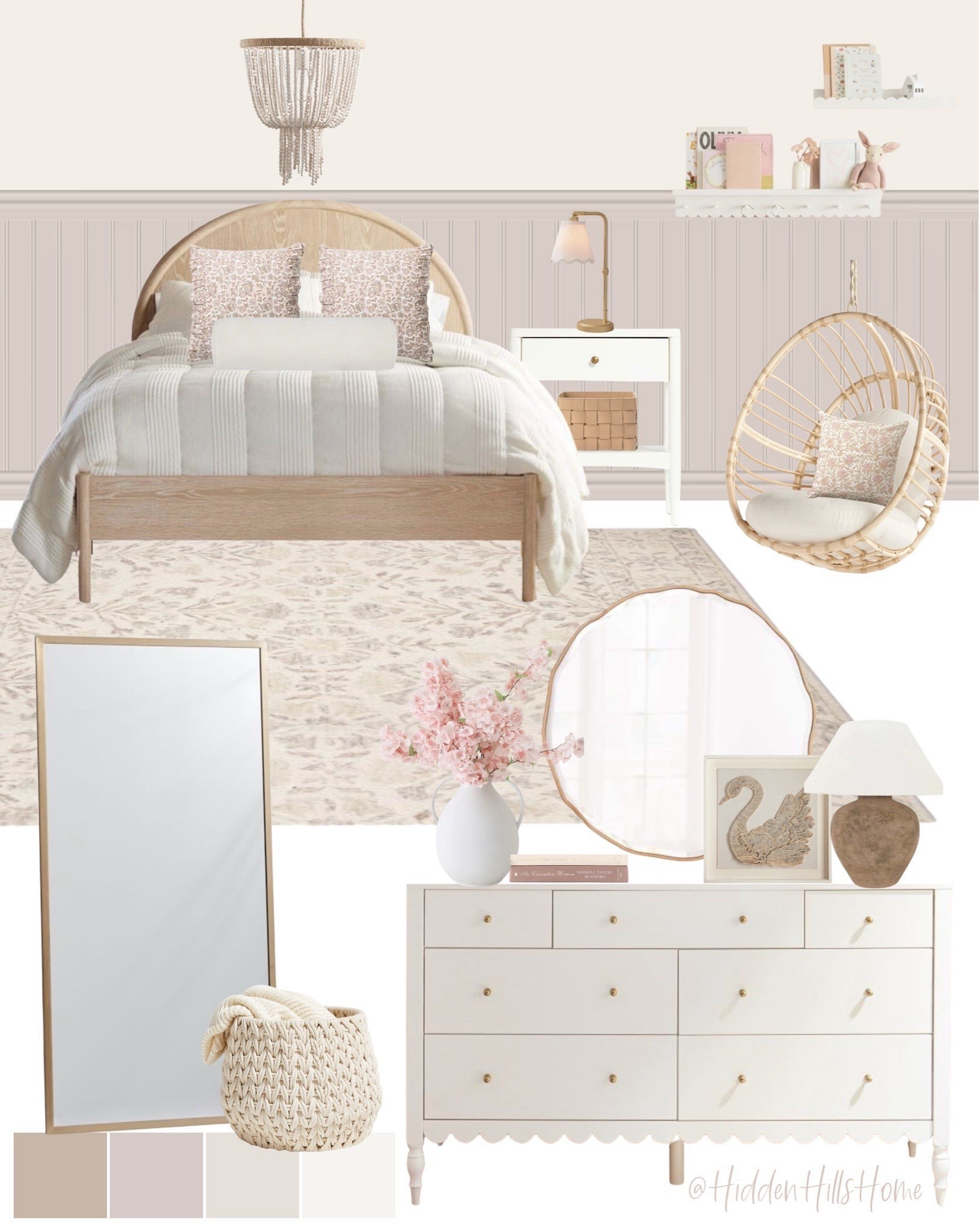 Girls room decor mood board, girls bedroom decor ideas, cute girls room design, feminine bedroom #girlsroom 
Wall color is SW Hush White and Arcade White

#LTKKids #LTKSaleAlert #LTKHome