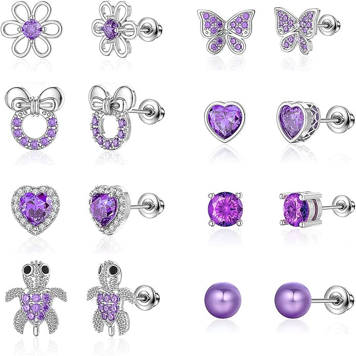 TOPBRIGHT 8 Pairs Hypoallergenic Earrings 925 Sterling Silver Stud Earrings Heart CZ Tiny Butterf... | Amazon (US)