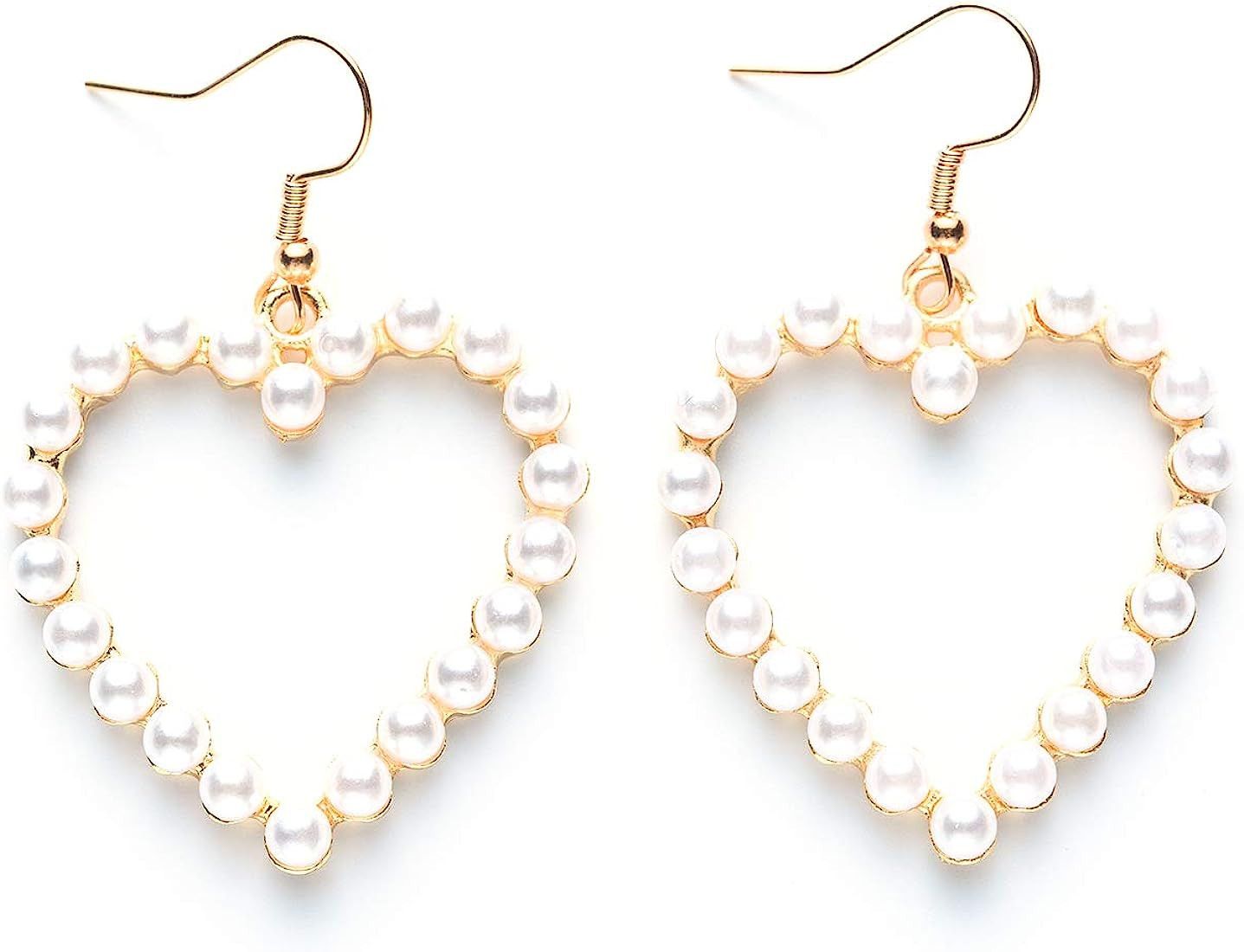 Pearl Heart Earrings Dangle for Women Girls Valentines Mother’s Day Christmas Drop Earrings Gol... | Amazon (US)