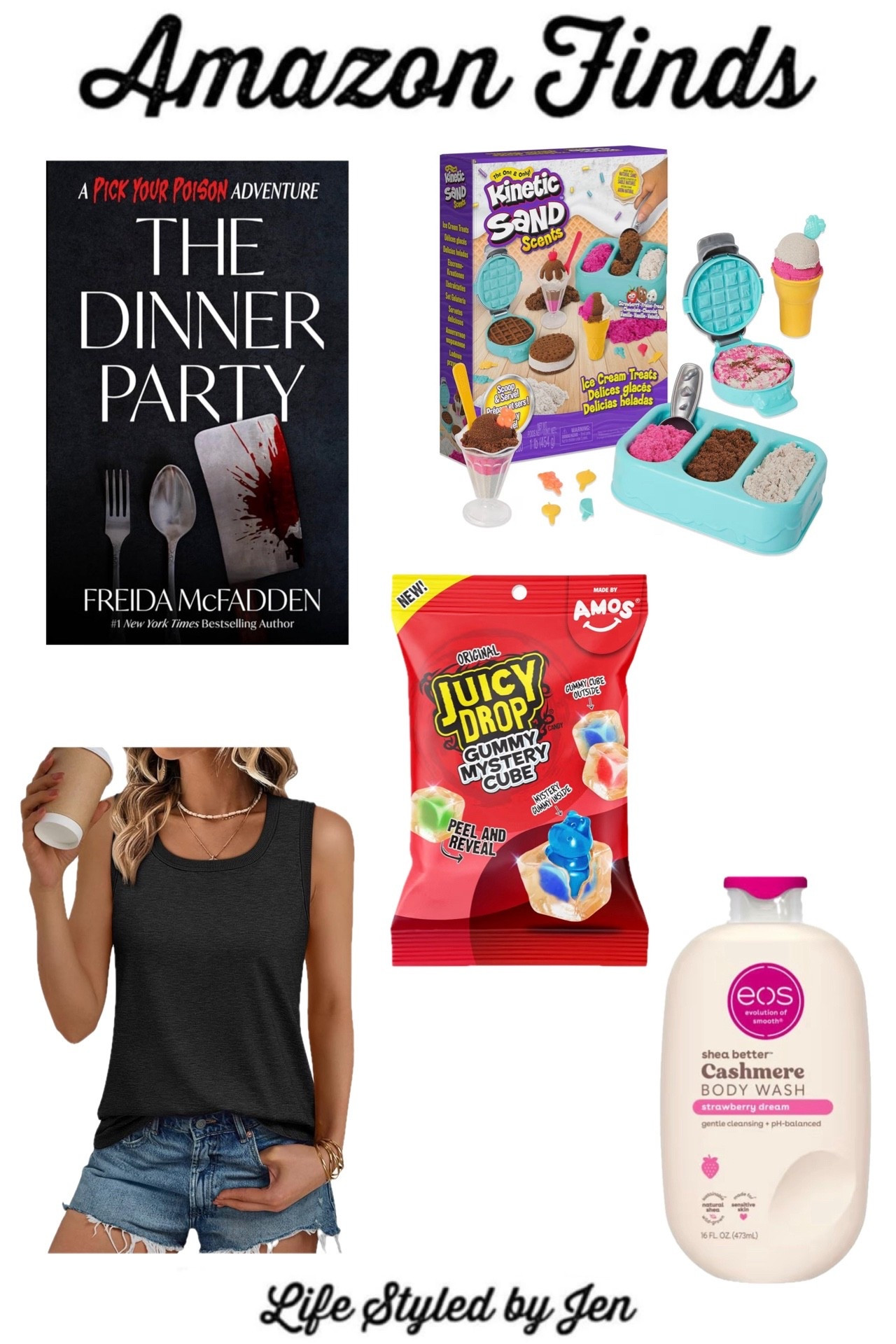 Time for this week’s Amazon Finds - five items from Amazon that are definitely worth checking out! 🎉

✔️ The Dinner Party by Freida McFadden - meet Amazon’s #1 best selling book right now! Freida McFadden is such a favorite author, and this new novel is so fun, as it offers 20 possible endings!! Super unique and worth checking out - plus, it’s only $6.99 currently 🙌🏻

✔️ AUTOMET Women’s Loose Fit Tank Tops - this tank has the best loose fit, and is perfect for everyday wear. The loose and flowy fit is super comfy, and tons of colors are available for as low as $9.99! 

✔️ Juicy Drop Gummy Mystery Cubes - my kids and I finally tried these recently - and they’re SO good! Also super fun, as each cube has a surprise gummy shape inside. You can either peel the gummy cubes to get to the surprise or just bite into the cubes. Great price on Amazon right now, and arrives in time for Easter! 

✔️ Kinetic Scent Sands Ice Cream Playset - on flash sale for only $9.99 right now, this newer playset is the best for kiddos! It comes with chocolate, vanilla & strawberry scented moldable sand, along with fun ice cream toys 🍨 for hours of imaginative sensory play. Would be a great Easter basket filler also! 

✔️ eos Cashmere Body Wash - this new body wash has been the top selling beauty product at several retailers over the past month, including Amazon and Target! Such a luxurious, clean beauty product that works so well. Tons of wonderful scents to choose from! 🧴 

#amazon #amazonfinds 

#LTKKids #LTKHome #LTKSeasonal