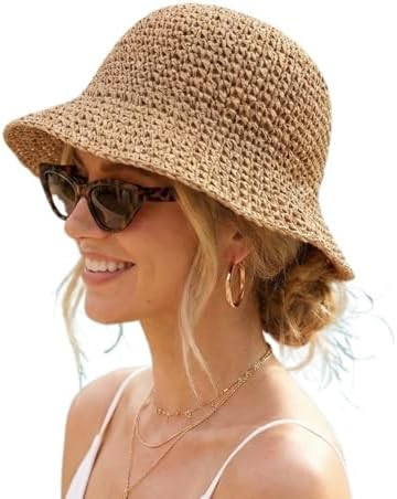 Women Straw Sun Hat Packable Foldable Floppy Wide Brim Beach Bucket Hat UV Protection Travel Vaca... | Amazon (US)