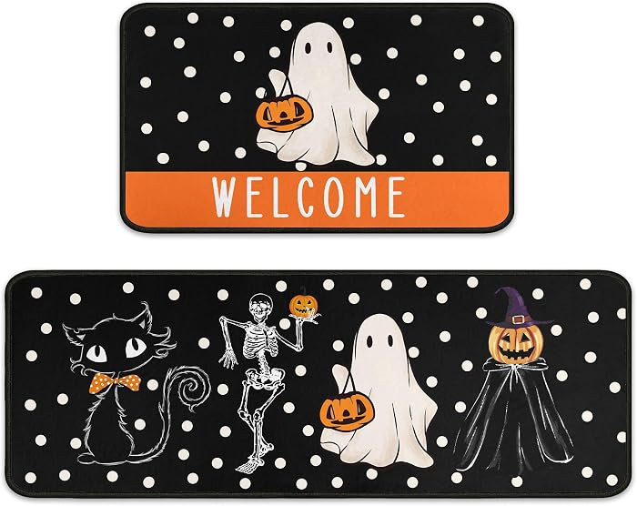 Halloween Welcome Kitchen Rugs Set of 2, Halloween Decorations Non Slip Backing Black Cat Pumpkin Ghost Skull Kitchen Mats for Floor Holiday Rug Halloween Decor for Home 17"X47"+17"X30" | Amazon (US)