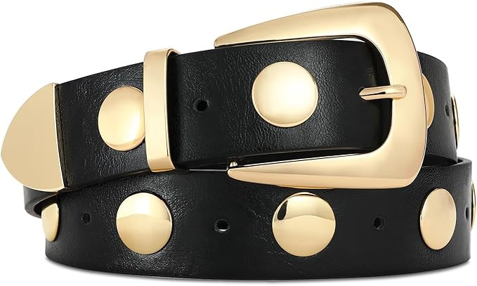 Women Black Belt with Gold Buckle Fashion Leather Belt Women Punk Waist Belt Studded Belt for Jea... | Amazon (US)