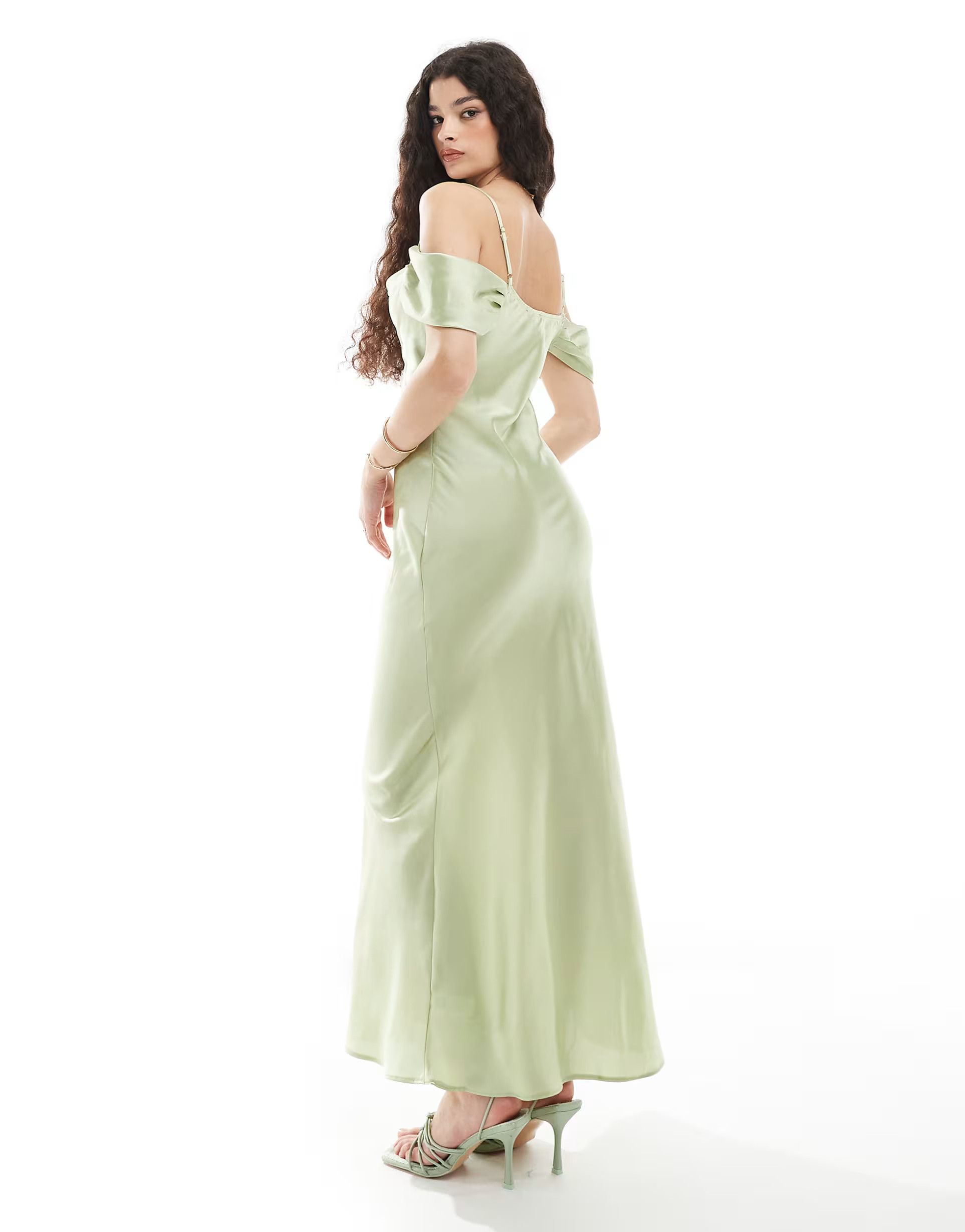 New Look bardot satin midaxi dress in sage green | ASOS (Global)