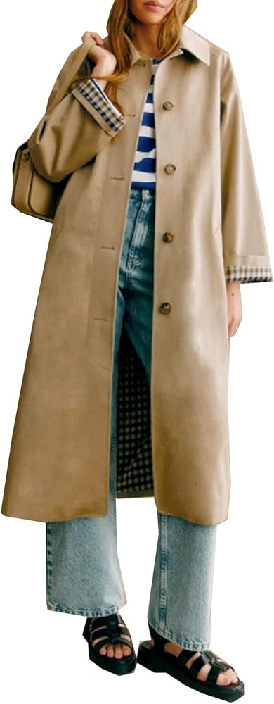 Women's Oversized Trench Coat Single Breasted Windproof Overcoat Classic Button Down Long Jacket | Amazon (US)
