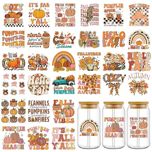 UV DTF Cup Wraps Transfer Stickers: 30 Pcs Retro Fall UV DTF Cup Wraps for 16 oz Glass Tumblers Bottles, Cold Transfer Decals, Pumpkin Maple Sunflower Cup Wraps for Autumn Thanksgiving DIY Craft | Amazon (US)