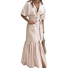utcoco Women's 2025 Summer Casual Striped Button Down Maxi Dress Tie Waist Short Sleeve Shirt Dre... | Amazon (US)