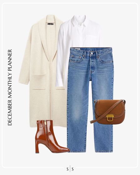 Monthly outfit planner: DECEMBER: Winter looks | long knit coat, white button up, slim fit jeans, ankle boot, saddle crossbody 

See the entire calendar on thesarahstories.com ✨

#LTKstyletip