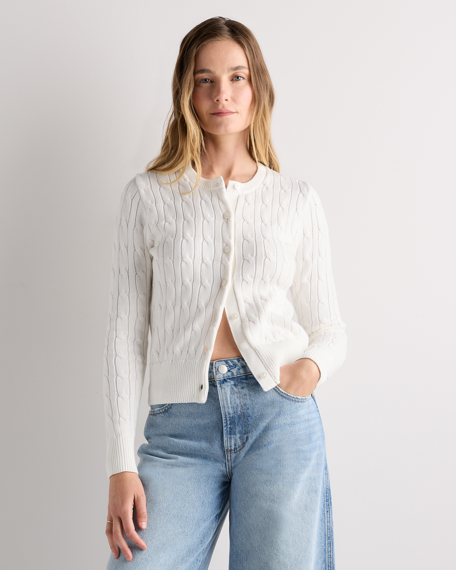 Quince | Women's Cable Crew Cardigan Sweater in Ivory, Size Large, Organic Cotton | Quince