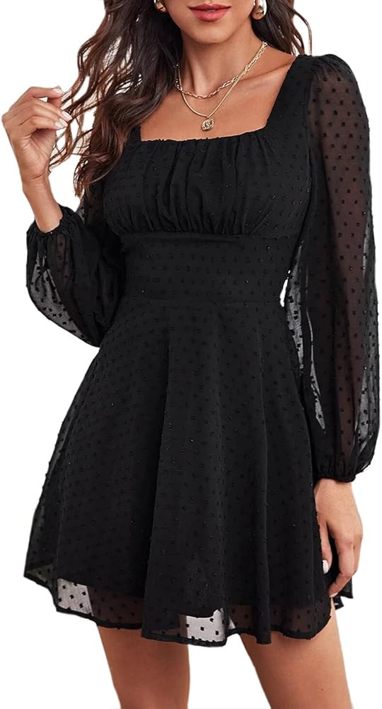 LERENSHA Women's Polka Dot Dress Square Neck Cute Mesh Long Sleeve Chiffon Mini Dress | Amazon (US)