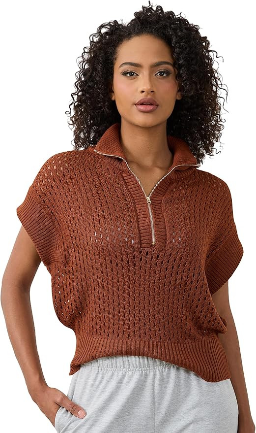Womens Oversized Crochet Zip Sweater Vest Cap Sleeve Sweater Tops Casual Lapel Collar See Through... | Amazon (US)