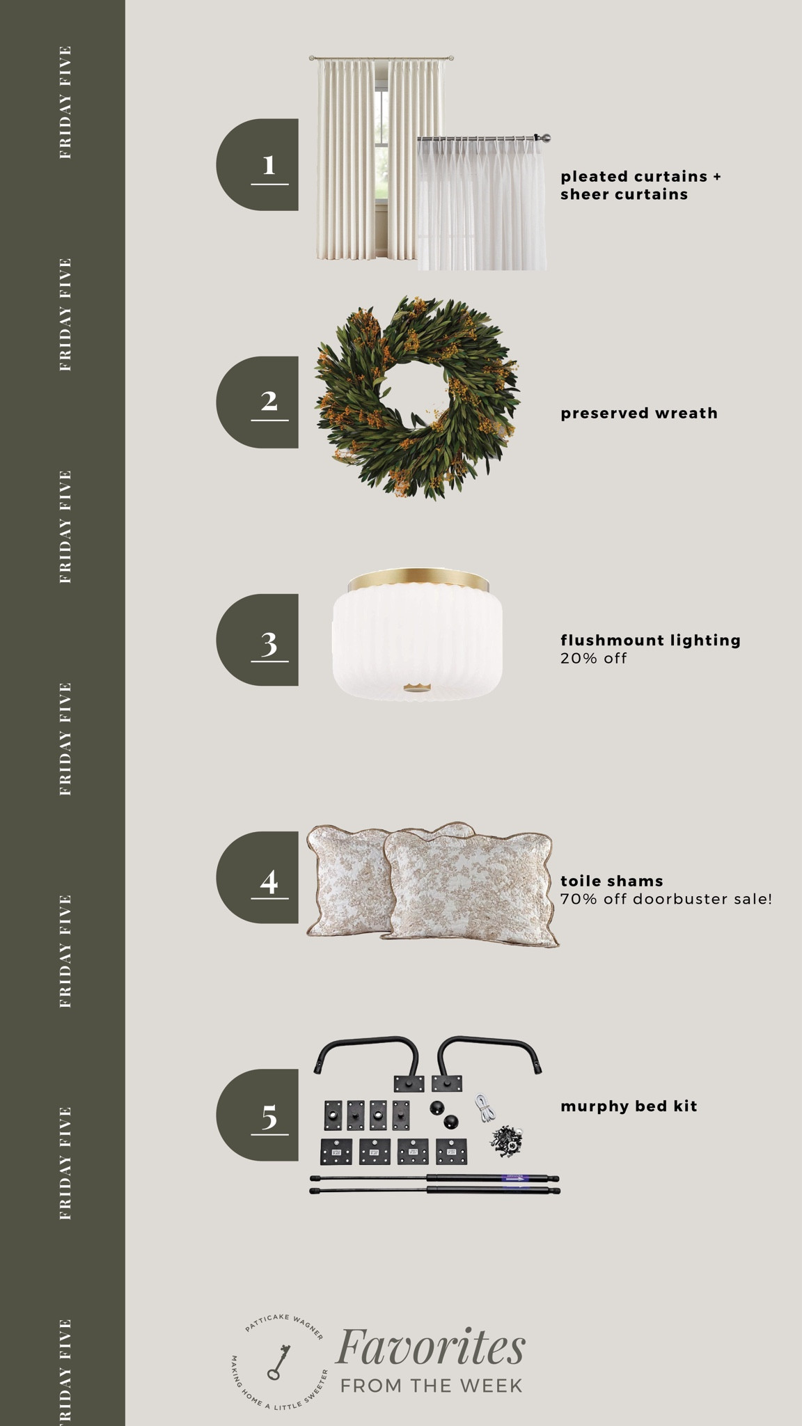 Friday Five: Favorites from the week. *pleated curtains, window treatments, spring preserved wreath, flush mount lighting (20% off), toile shams (door buster sale 70% off!!!), murphy bed kit. 

#LTKsalealert #LTKstyletip #LTKhome