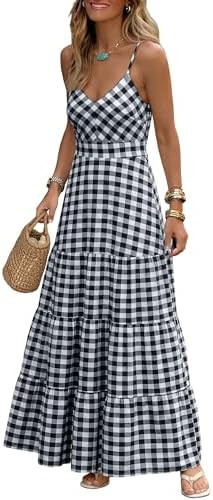 Caracilia Women's Gingham Striped Smocked Maxi Dress | Spaghetti Strap,Pockets,V Neck A-Line ,Che... | Amazon (US)