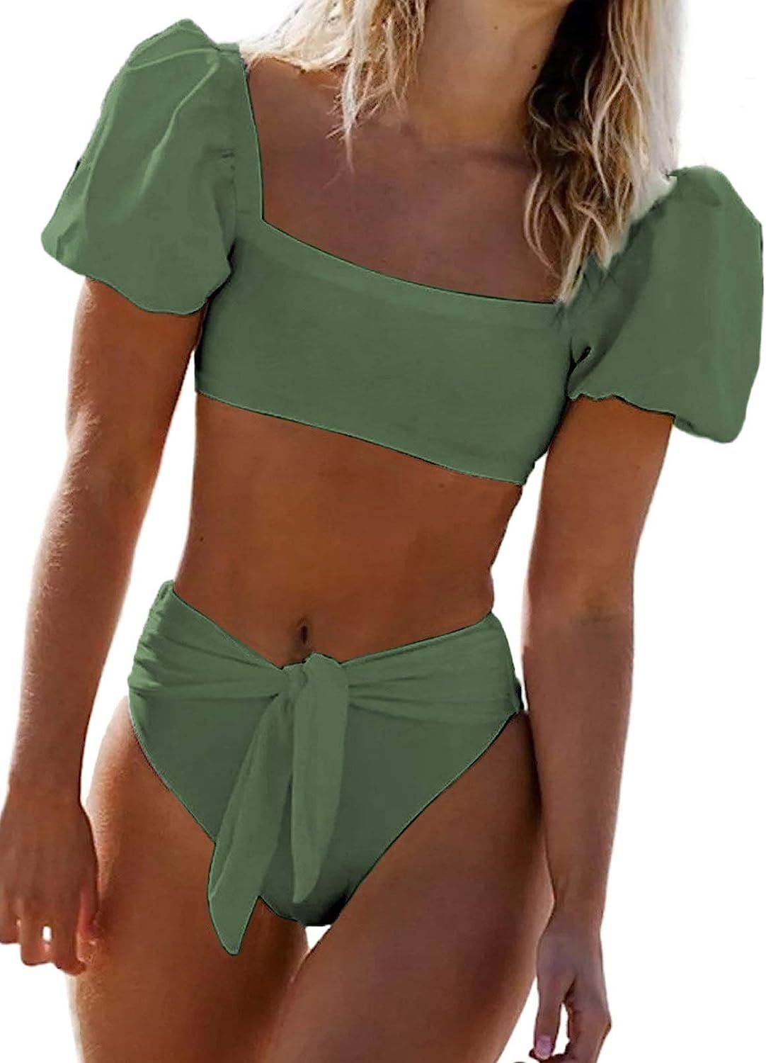 Dokotoo Womens 2023 Cute Solid Bubble Sleeves High Waisted Two Piece Bikini Swimsuit | Amazon (US)