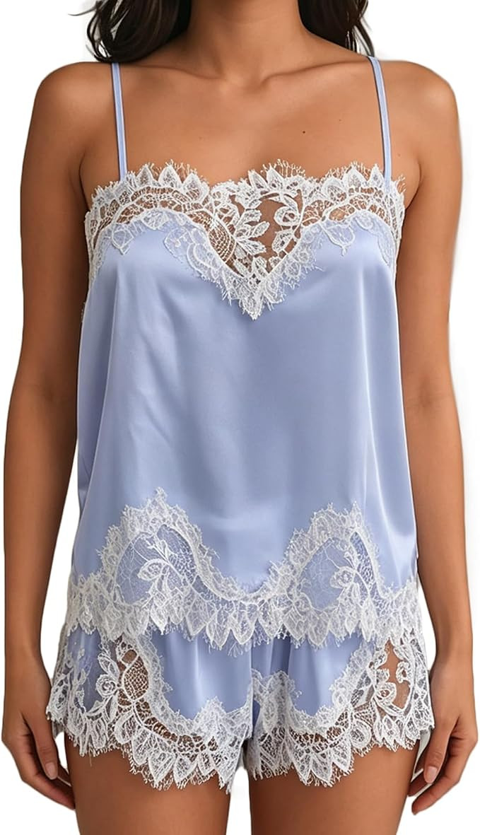 RUEWEY Women Satin Lounge Set Sleveless Lace Trim Cami Tops Shorts/Pants | Amazon (US)