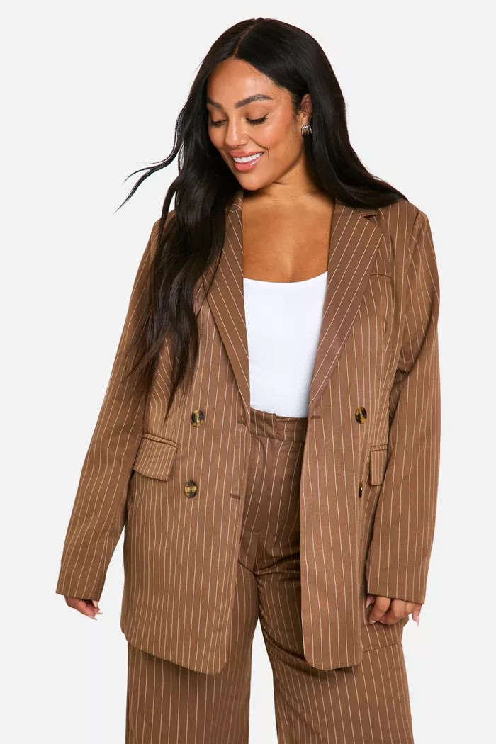 Plus Pinstripe Oversized Double Breasted Blazer | boohoo (US & Canada)