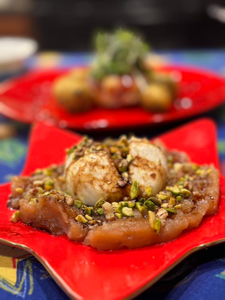 Burrata on caramelized pear! topped with pistachio nuts and balsamic glaze! 

 #LTKdayinmylife #LTKfoodie #LTKHome