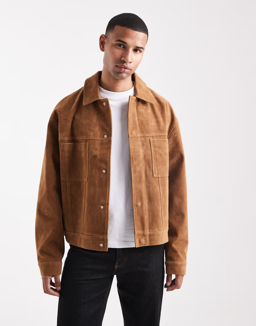 ASOS DESIGN faux suede harrington jacket in brown | ASOS (Global)