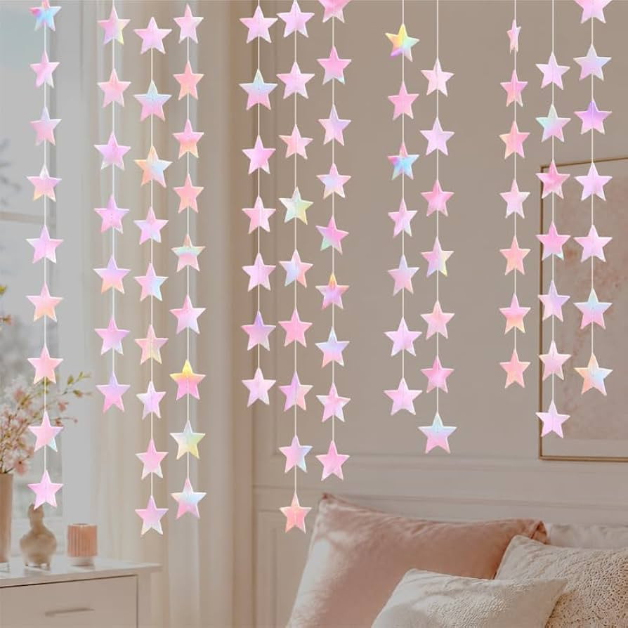 Iridescent Pink Shining Star Hanging Garland Pink Holographic Hanging Sparkling Star Streamer Gli... | Amazon (US)