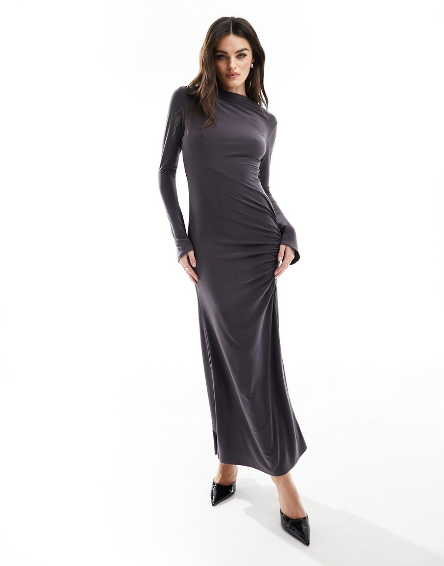 ASOS DESIGN long sleeve ruched side detail maxi dress in slate-Gray | ASOS (Global)