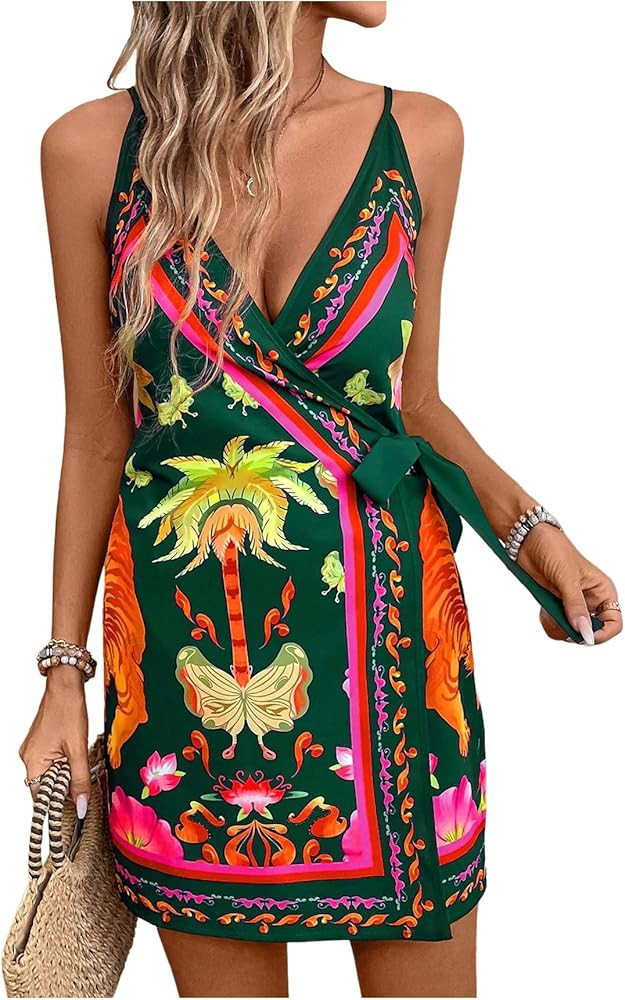RoseSeek Women's Tropical Print Cami Dress Sleeveless Wrap V Neck Tie Knot Boho Short Dresses | Amazon (US)