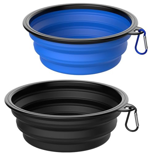 Takfox Collapsible Dog Bowls [2 Pack] 34 oz, Travel Dog Bowls, Pet Bowl Portable Foldable Water Food Feeding Dishes with Carabiner Clip for Traveling Hiking Walking-Black & Blue | Amazon (US)