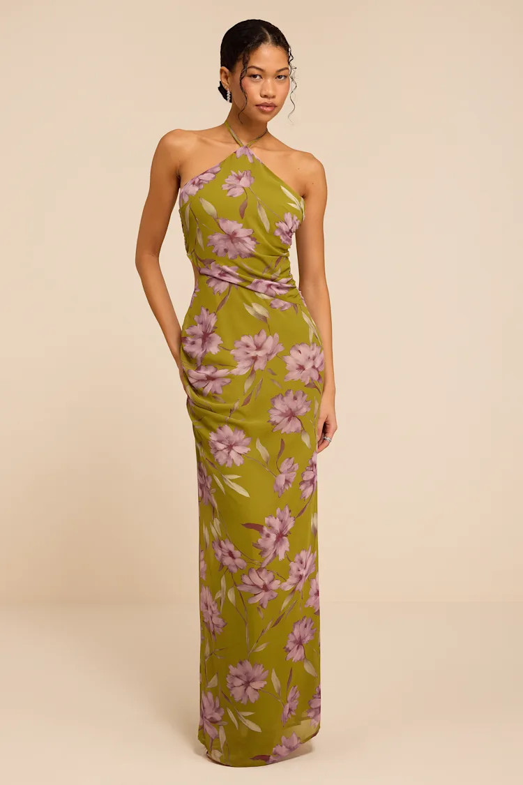Nikina Chartreuse Floral Halter Maxi Dress | Lulus