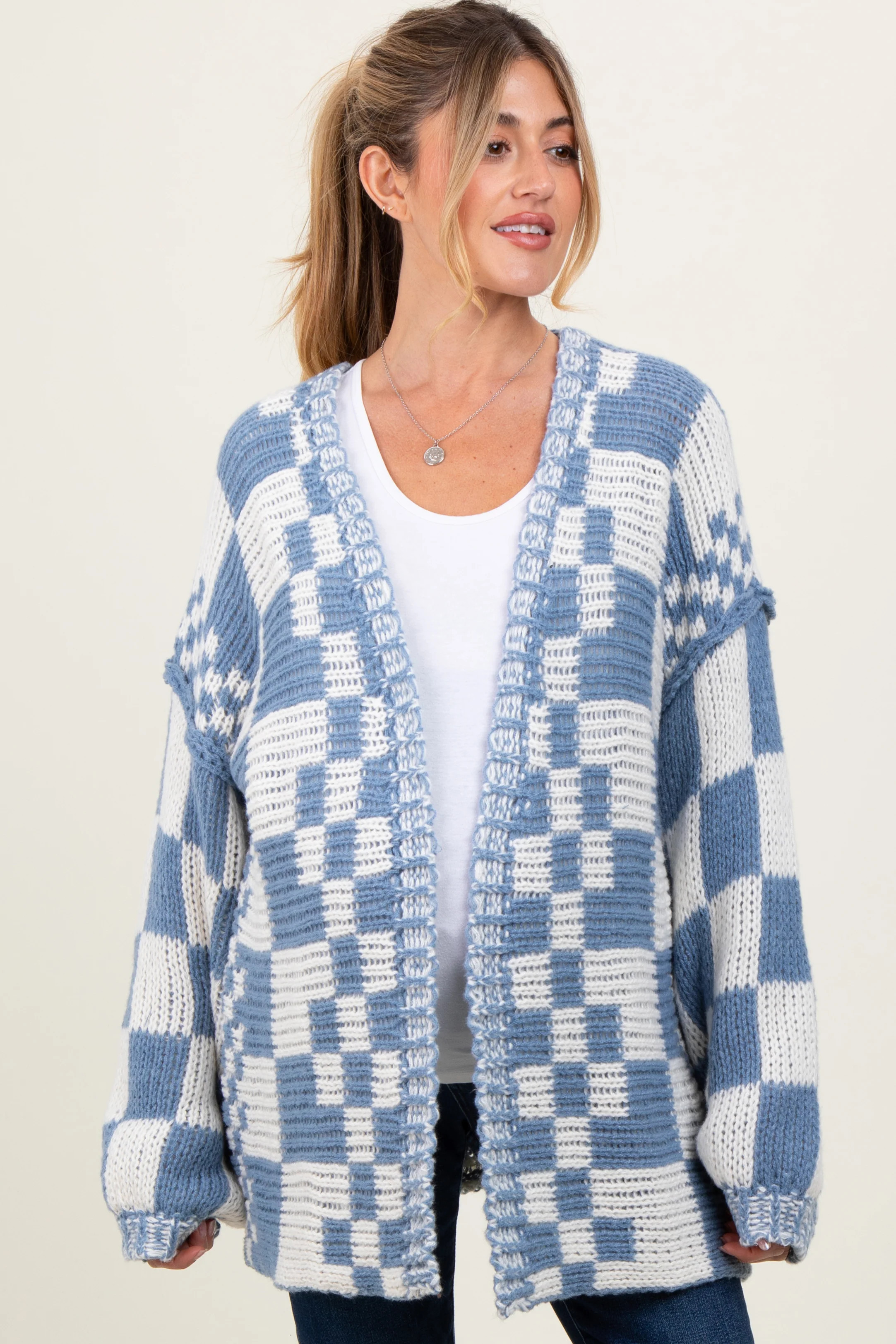 Blue Mixed Check Pattern Chunky Maternity Cardigan | PinkBlush Maternity