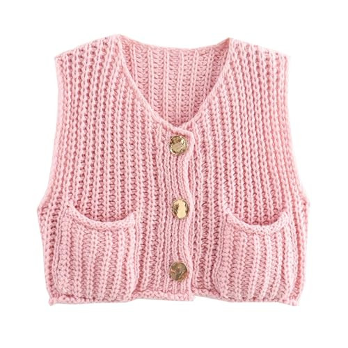 FindThy Women’s Cropped Sweater Vest Cute Crewneck Button Down Sleeveless Crop Knit Cardigan with Pocket(4056-Pink-M-aLB) | Amazon (US)