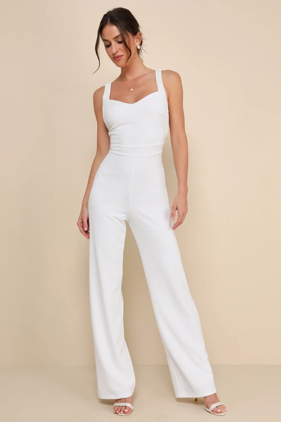Love Aglow White Pearl Beaded Sleeveless Straight Leg Jumpsuit | Lulus