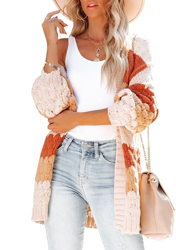 Womens Long Sleeve Color Block Cardigan Striped Open Front Chunky Knit Slouchy Sweaters Outwear C... | Amazon (US)