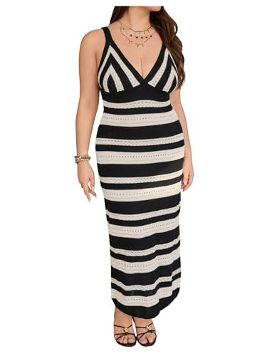 WDIRARA Women's Plus Size Striped Crochet Bodycon Dress V Neck Sleeveless Knit Maxi Dresses Multicolor XX-Large Plus | Amazon (US)