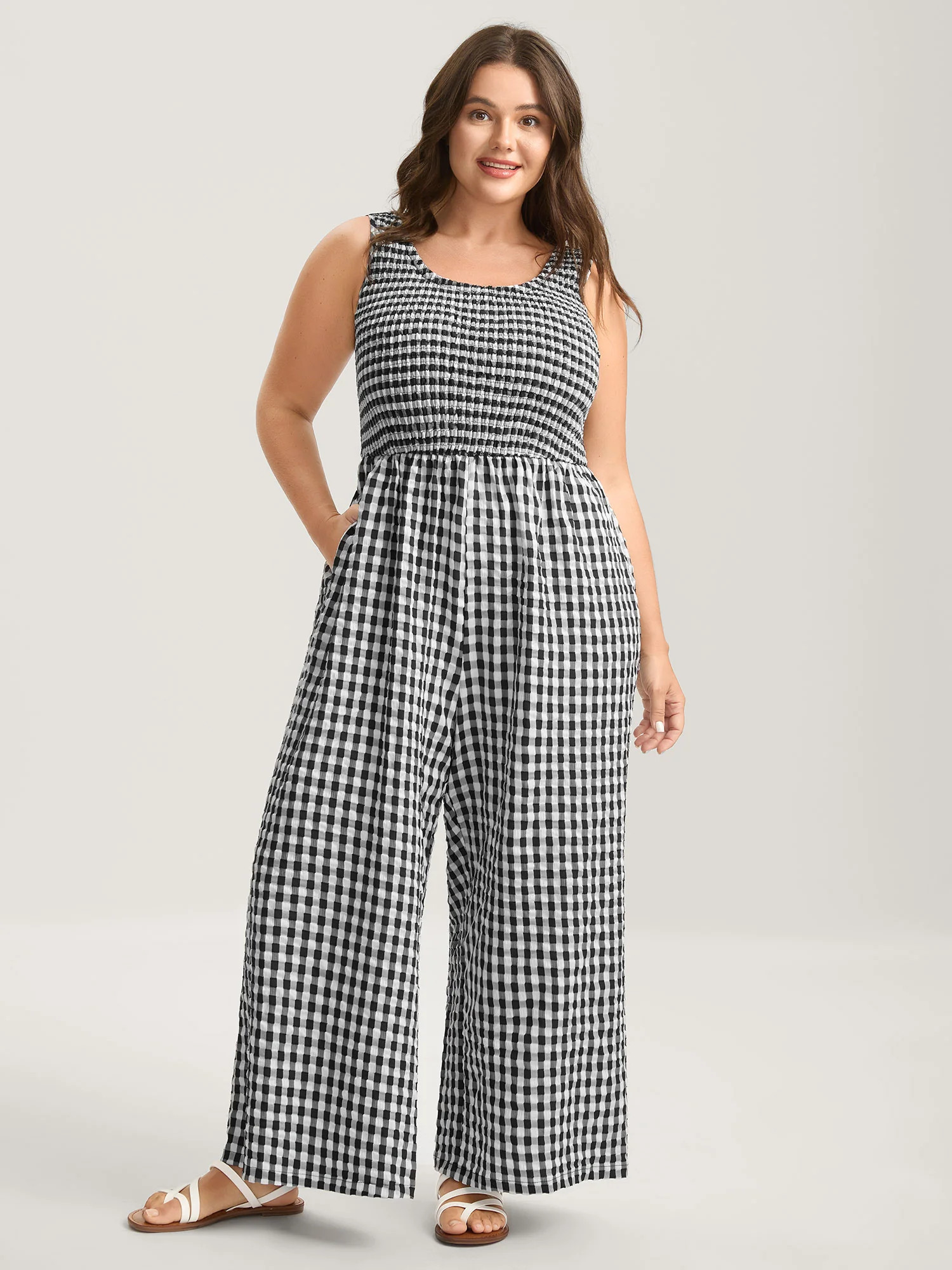 Gingham Print Shirred Straight-Leg Jumpsuit | Bloomchic