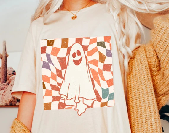 Retro Checkered Ghost Halloween Shirt Cute Women's - Etsy | Etsy (US)