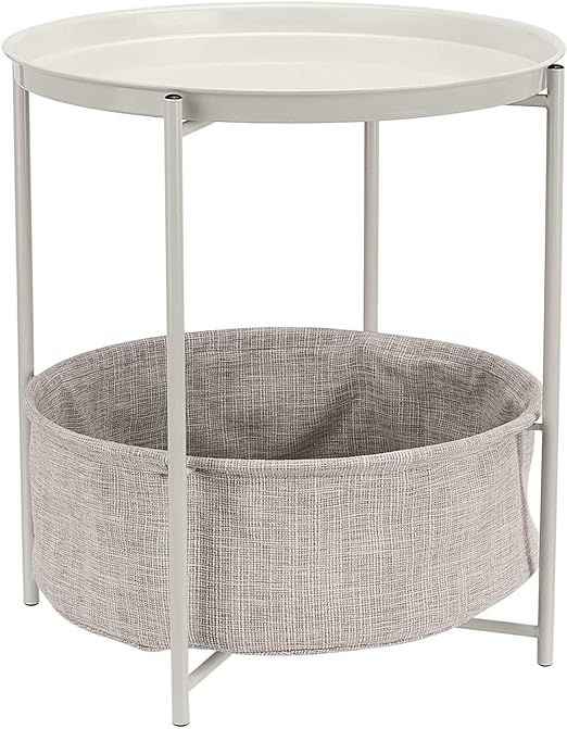 Amazon Basics Round Storage End Table, Side Table with Cloth Basket, White/Heather Gray, 17.7 in ... | Amazon (US)