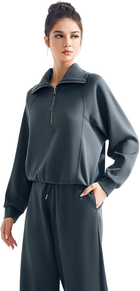 SUUKSESS Women 2 Piece Lounge Matching Set Wide Leg Sweatpant Half Zip Sweatshirt | Amazon (US)