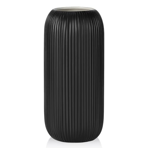 Matte Black Ceramic Vase for Flowers, 8 INCH Modern Small Ribbed Textured Matte Black Flower Vase for Home Decor, Pampas Grass, Decorative, Farmhouse, Coffee Table, Bookshelf and Home Living | Amazon (US)
