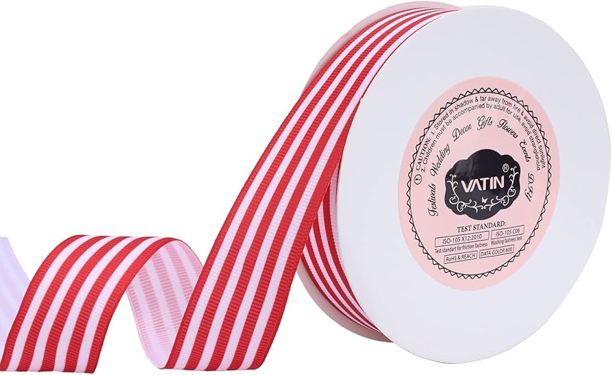 VATIN Red and White Striped Grosgrain Ribbon,1 Inch x 25 Yards,Christmas Ribbon Use for Gift Wrapping,Party Decoration,All Crafting and Sewing | Amazon (US)