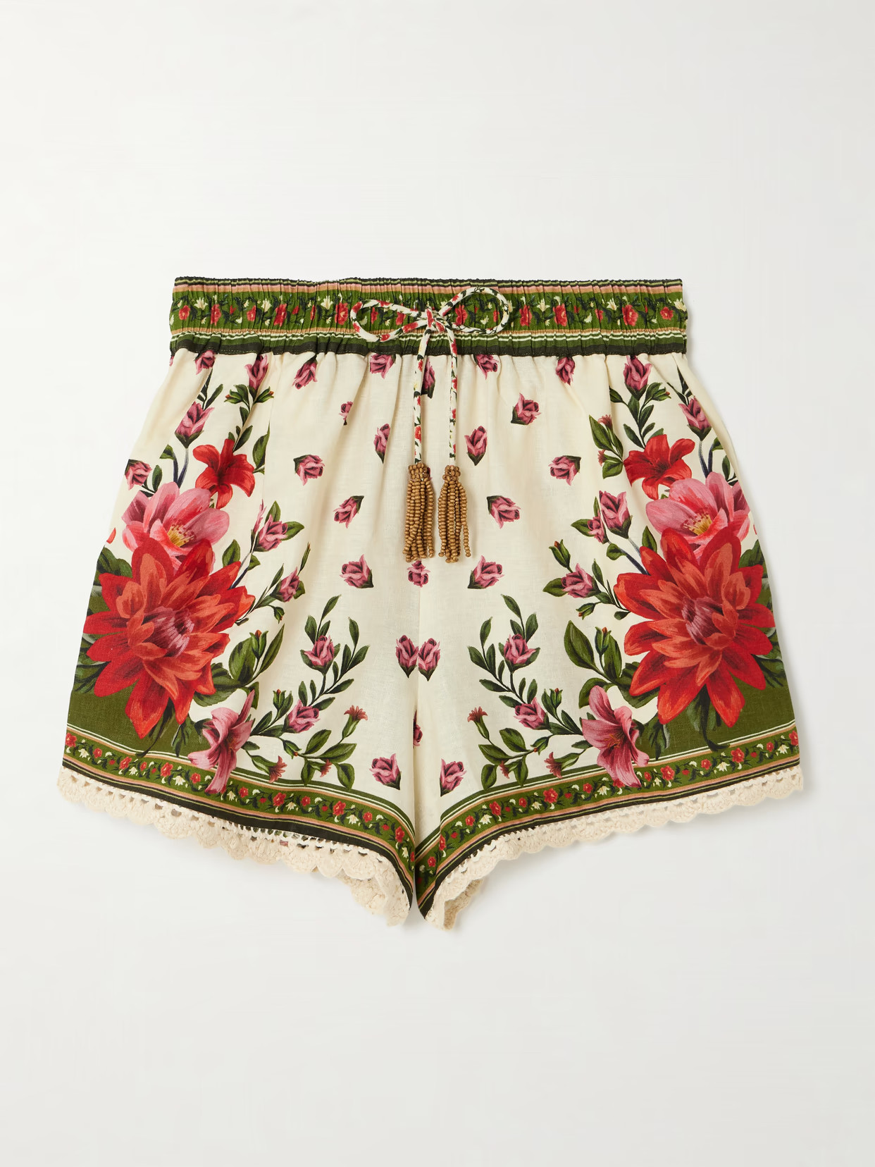 Farm Rio - Wonder Rio Embellished Crochet-trimmed Printed Linen-blend Shorts - Cream | NET-A-PORTER (US)