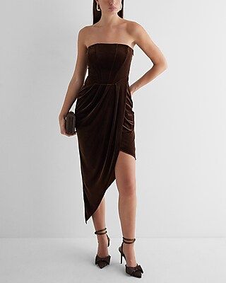 Velvet Strapless Corset Asymmetrical Midi Sheath Dress | Express