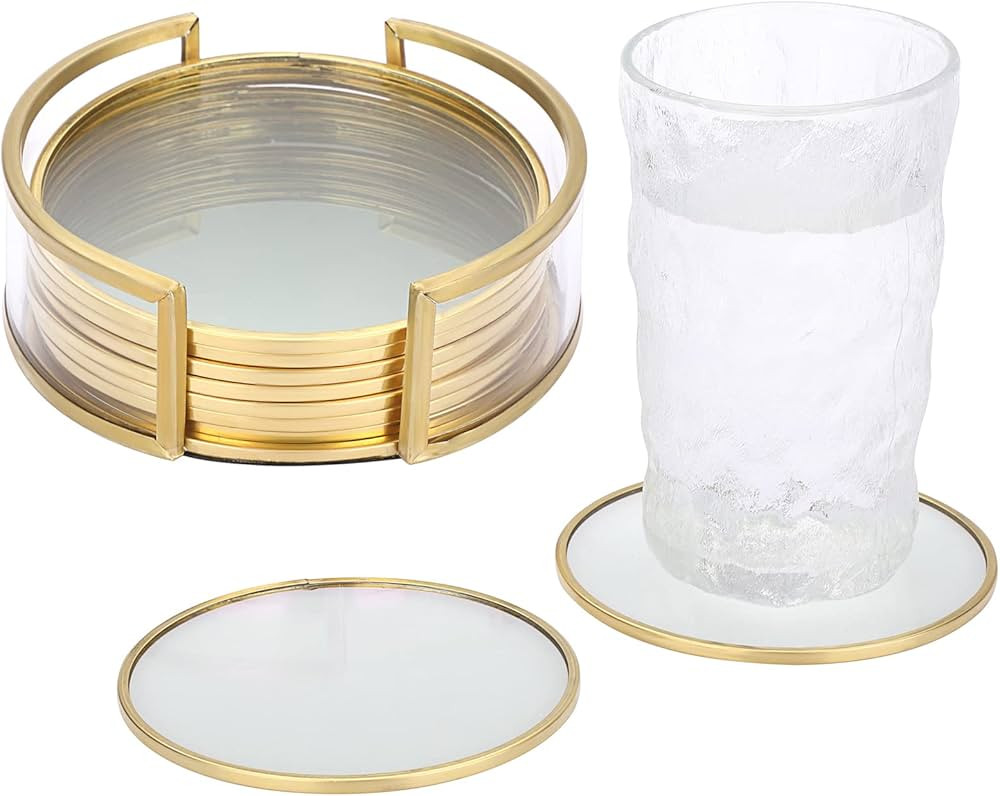 JUXYES Set of 8 Glass Round Coasters with Holder, Golden Brass Coasters for Drinks Glass Cup Coas... | Amazon (US)