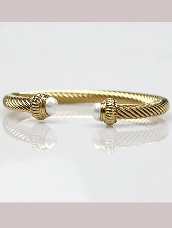 1pc 18k Gold Plated European Fashion Stainless Steel Cable Wire Cuff Bangle With Faux Pearl Ends,... | SHEIN