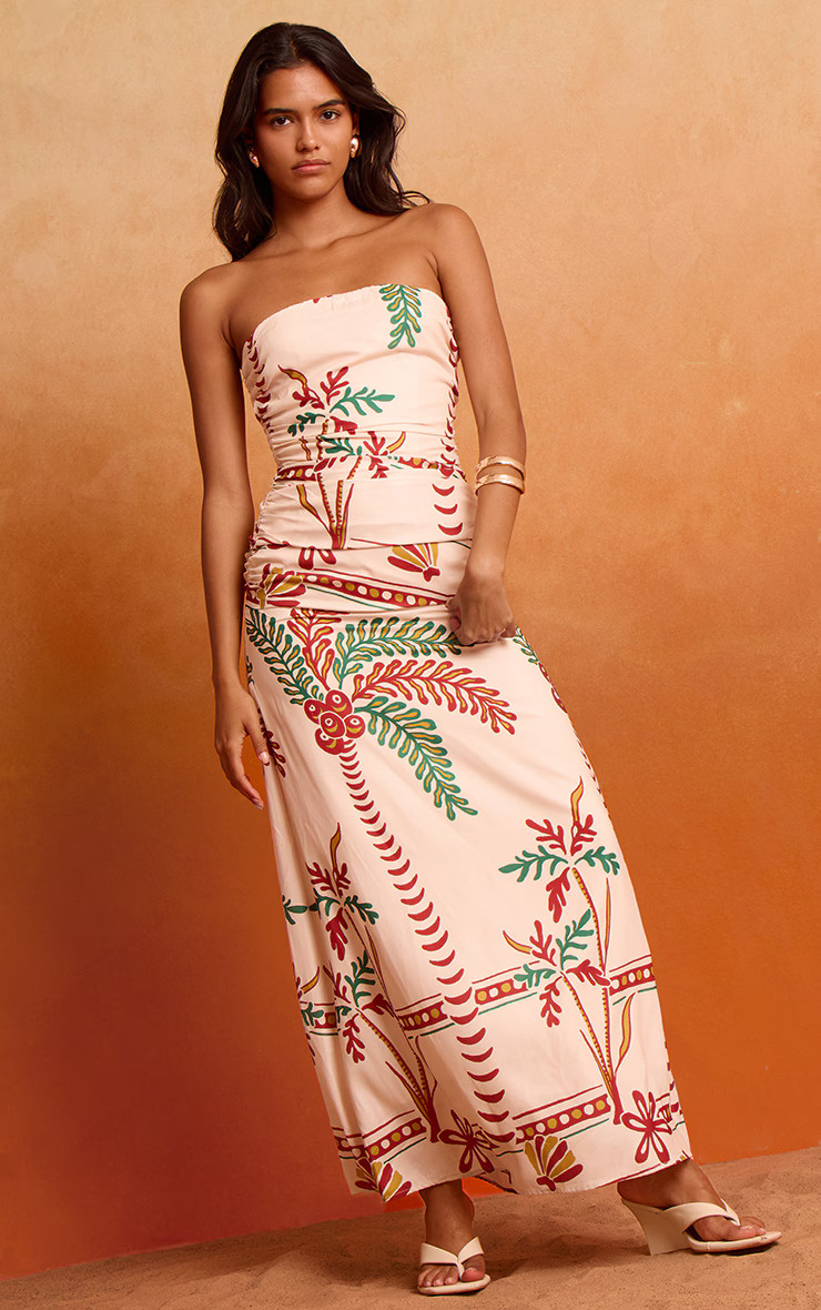 Cream Printed Bandeau Ruched Detail Maxi Dress | Dresses | PrettyLittleThing UK