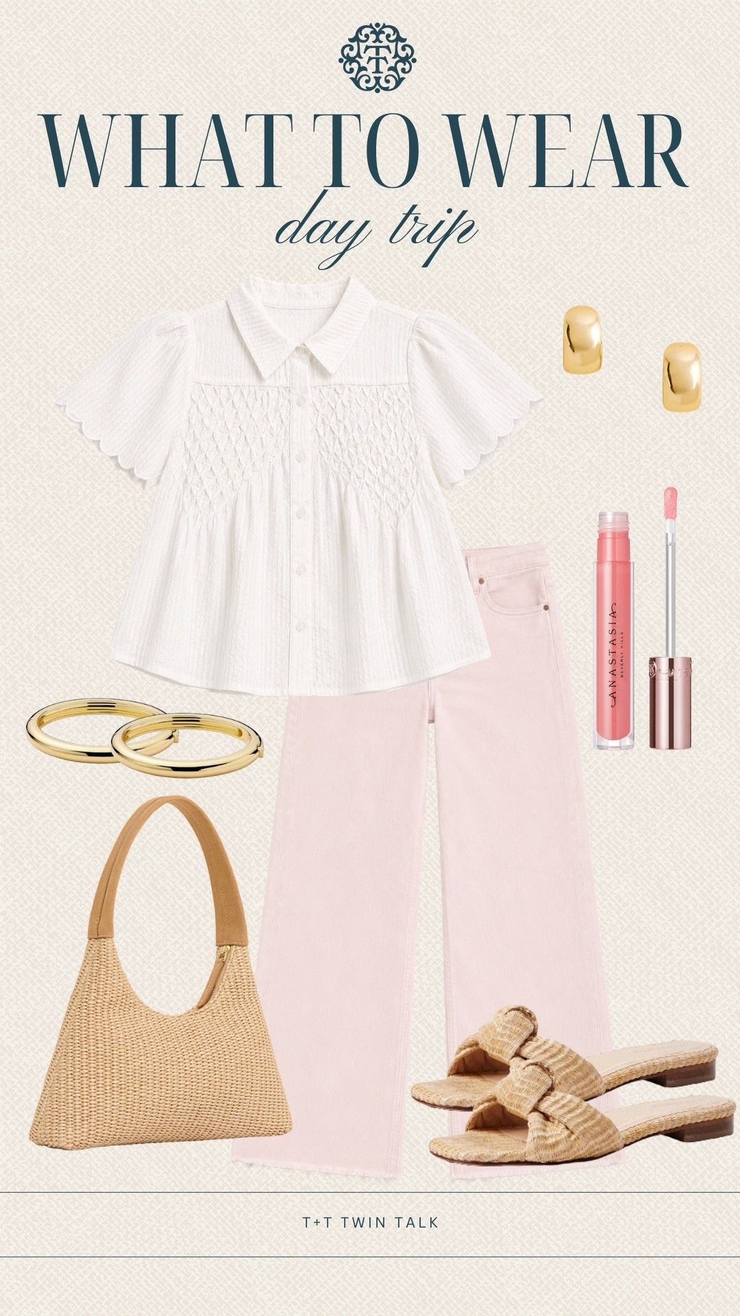 T+T, what to wear! We paired these soft pink Nordstrom jeans with the prettiest Anthropologie blouse, woven accessories, gold jewelry, and a pink lip for an easy feminine look. This outfit would be perfect for a day trip, especially somewhere cute where you’ll be walking around, shopping, or grabbing lunch.

#LTKMidsize #LTKOver40 #LTKSeasonal