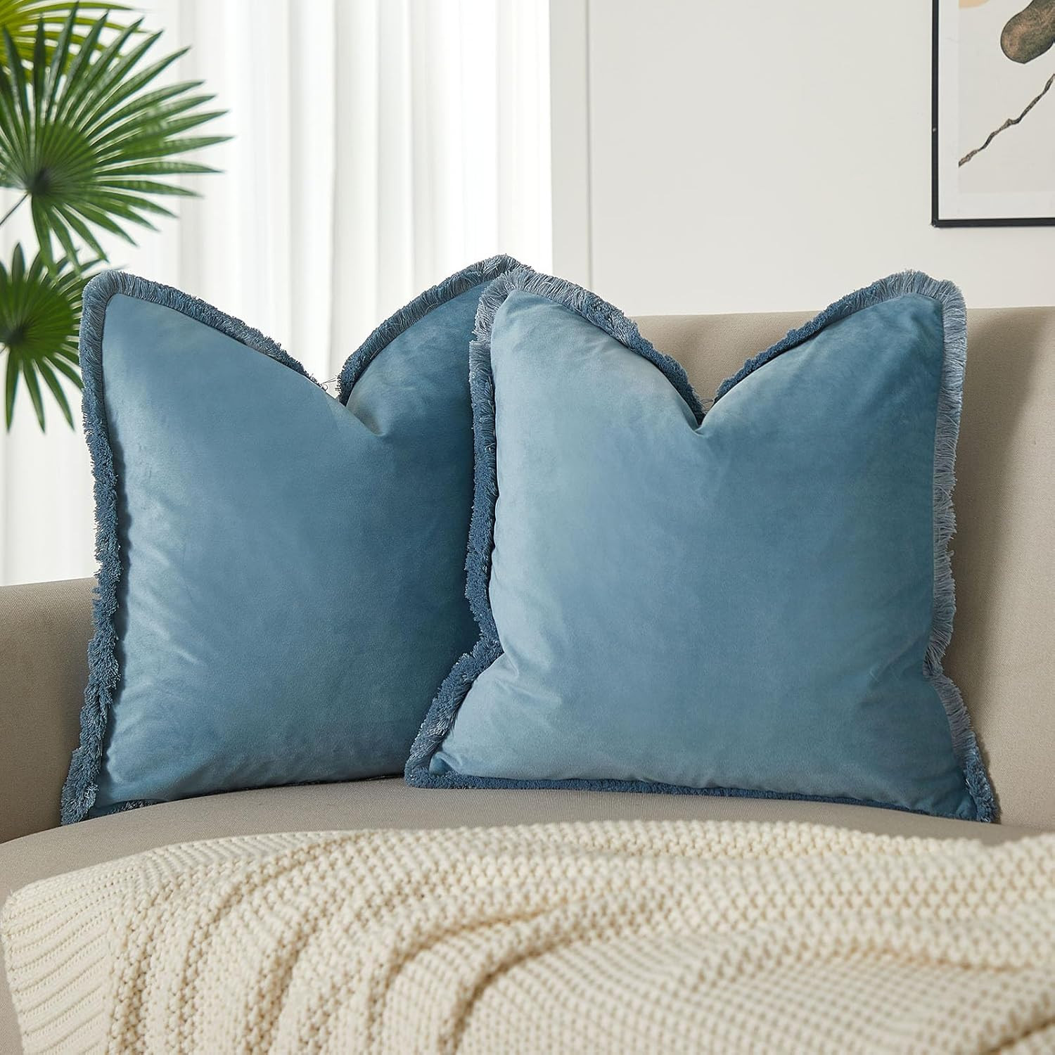 JUSPURBET Aqua Decorative Velvet Fringe Throw Pillow Covers 18x18 Set of 2 Boho Soft Cushion Case... | Amazon (US)