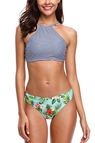 beautyin Womens high Neck Bikini Sets Cross Back Two Piece Bathing Suit Swimwear,Blue-floral,(US 4-6 | Amazon (US)