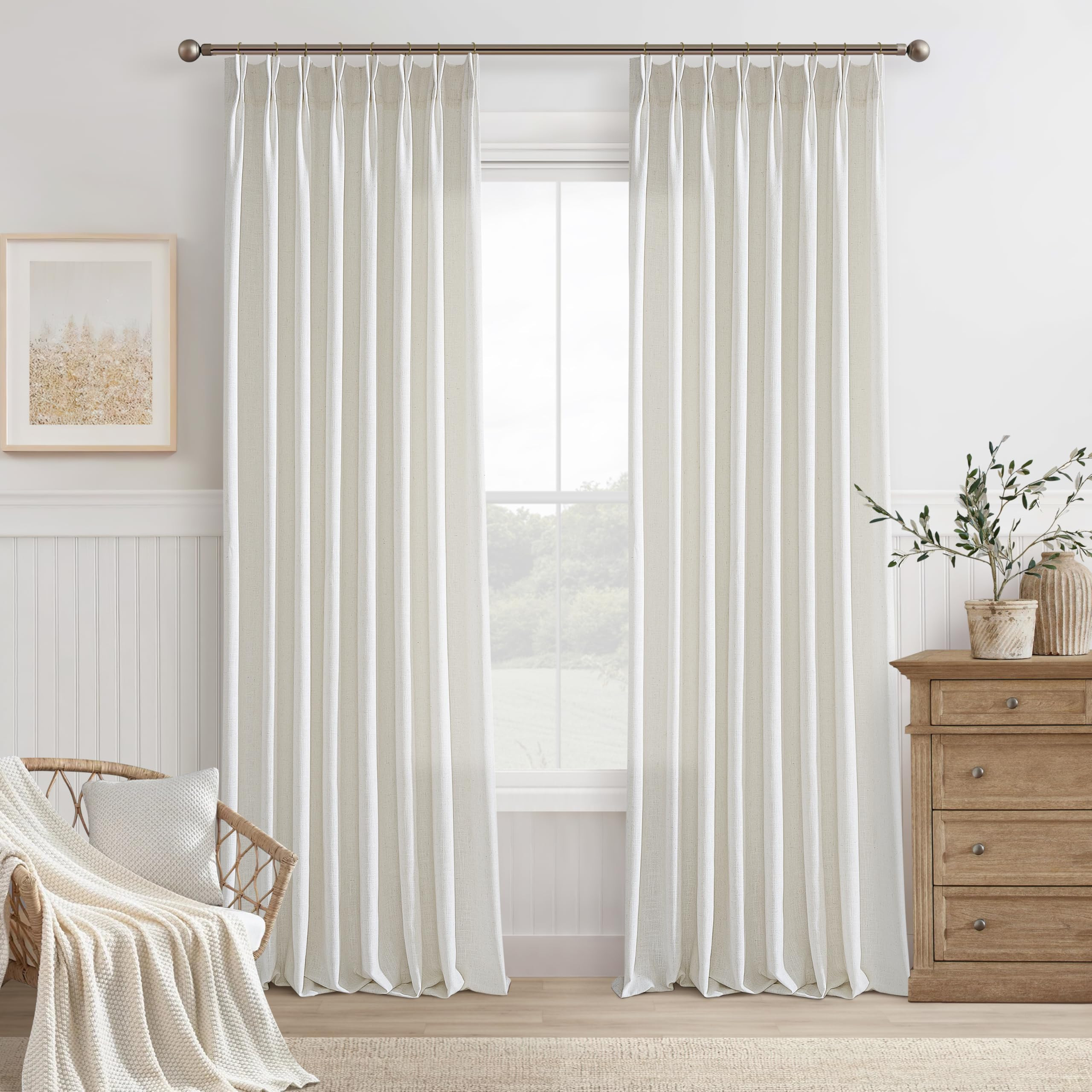 92 Inch Pinch Pleated Beige White Semi Sheer Curtains Light Filtering Neutral Boho Farmhouse Line... | Amazon (US)