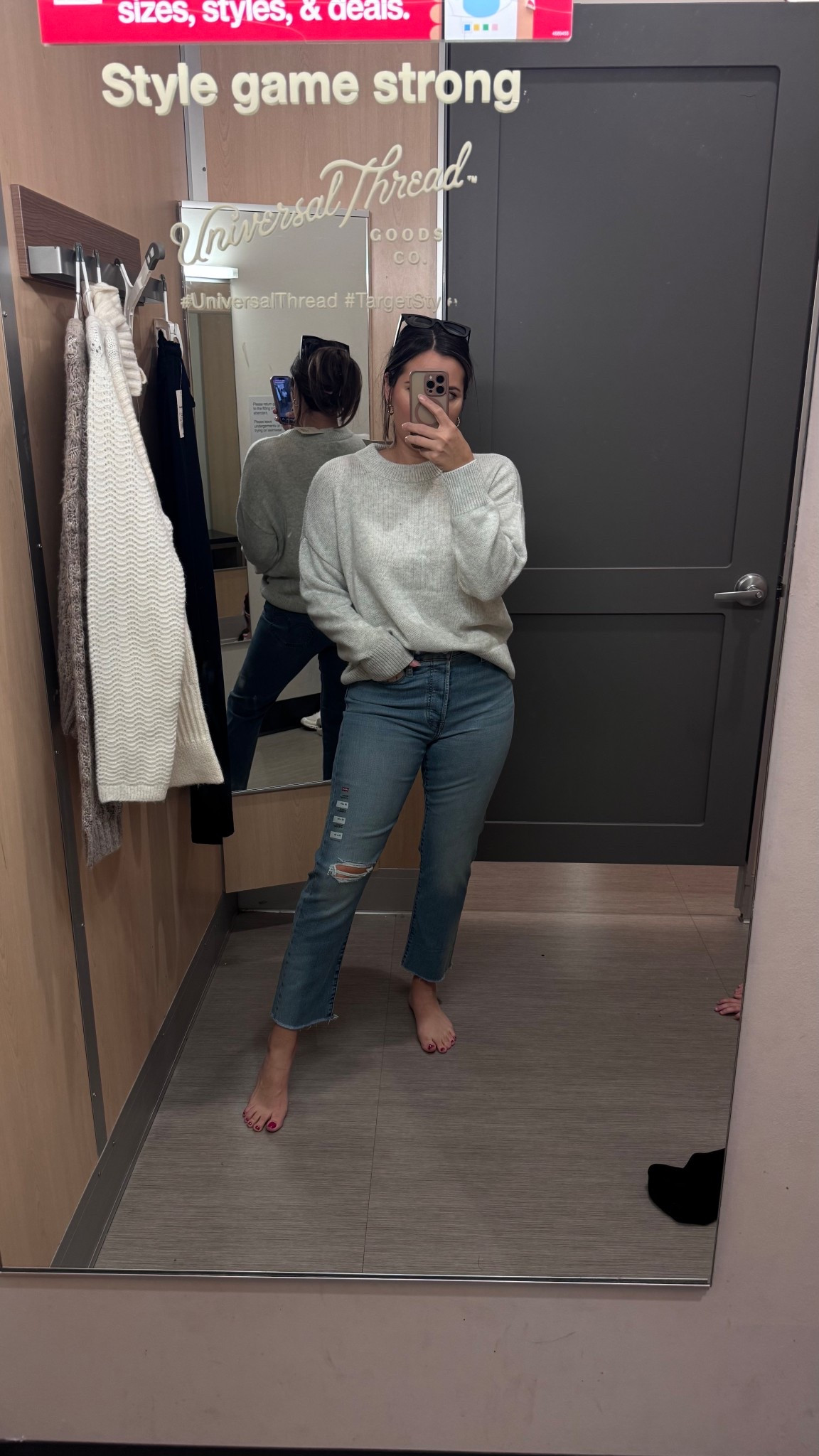 This whole outfit is 20% off! These are the Levi wedgie jeans and I love these because they have so much stretch to them! Also grabbed this sweater because I love the fit and it was so cozy 